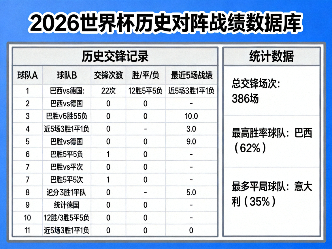 2026世界杯历史对阵战绩数据库，球队历史交锋记录与统计表格