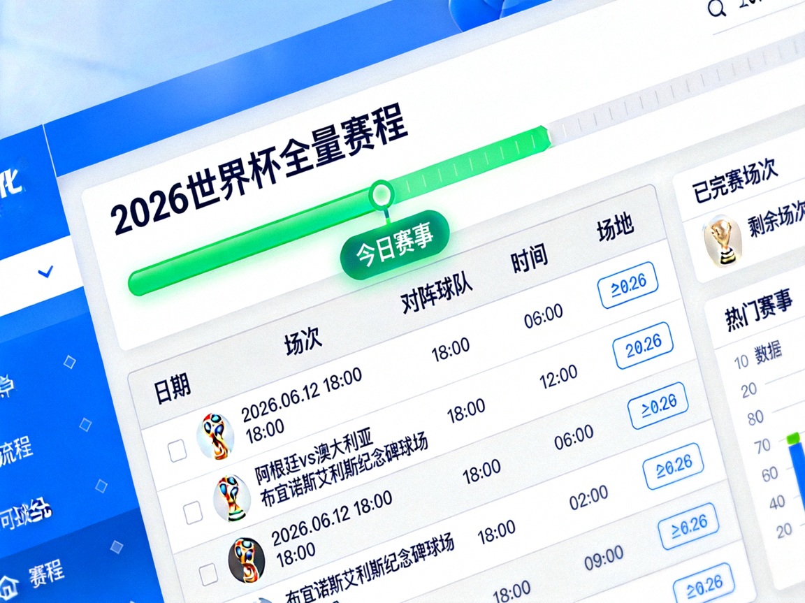 2026世界杯全量赛程实时查询界面，足球赛程表与时间轴数据可视化呈现